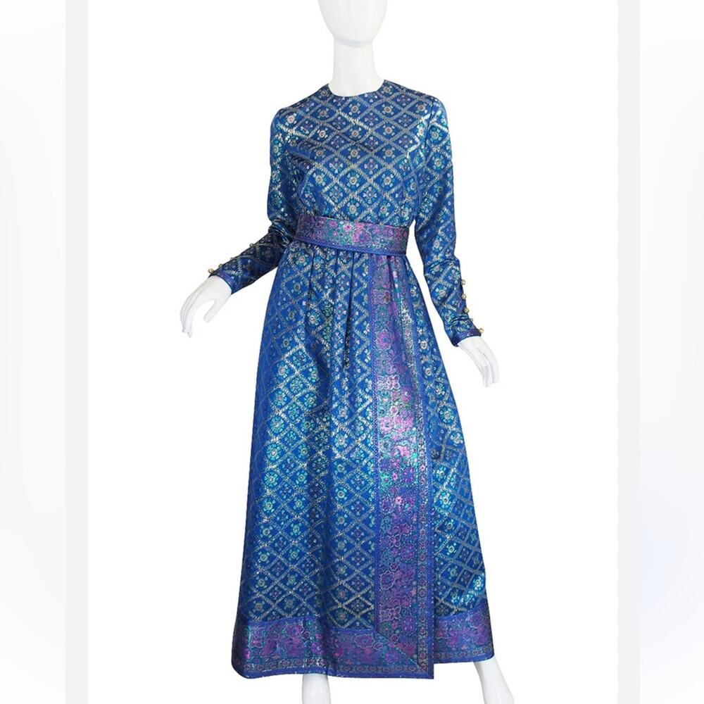 Vintage Oscar de la Renta Silk Brocade Gown Sapphire Blue Gold Metallic 1960s 70